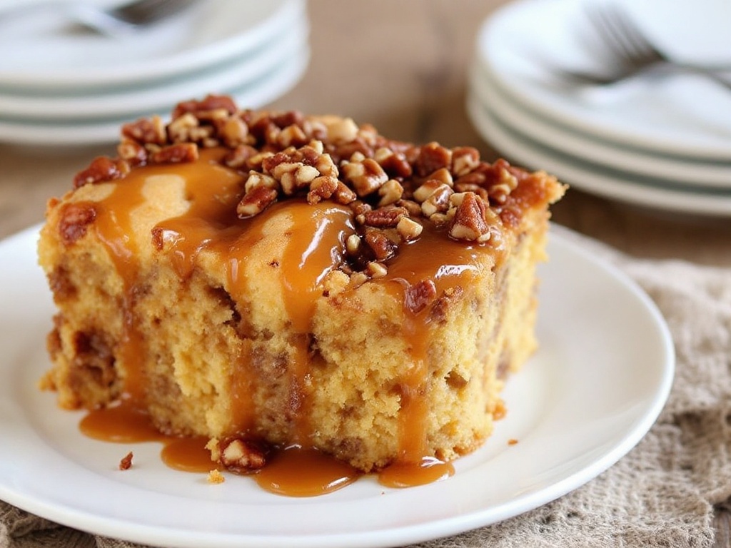 Southern Butter Pecan Poke Cake Recipe A moist butter pecan poke cake topped with whipped cream, pecans, and caramel sauce, served on a rustic table.